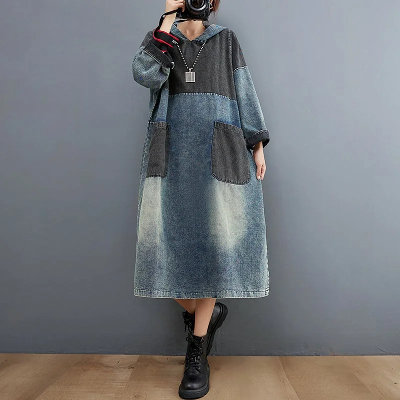 Spring Retro Splicing Loose Hooded Denim Dress