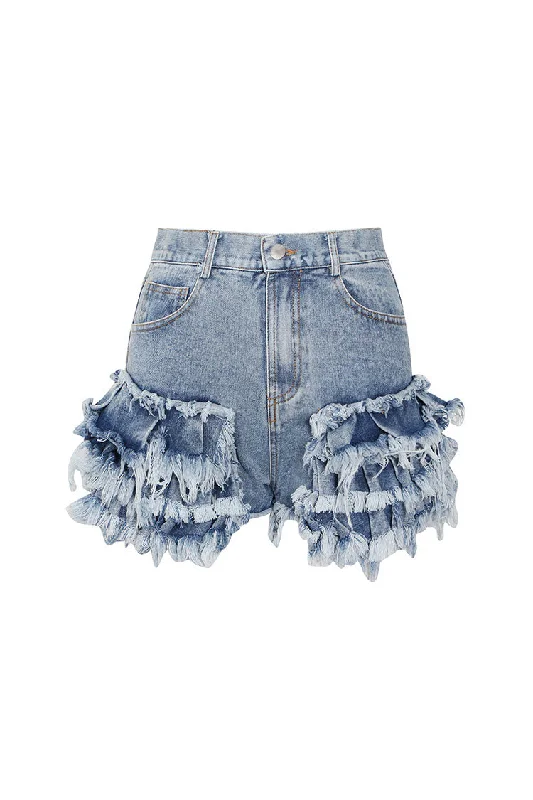 Stylish Layered Fray Pleated Ruffle High Waist Faded Denim Micro Shorts