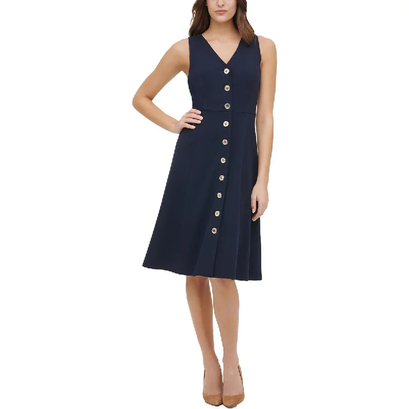 Tommy Hilfiger Womens V-Neck Midi Fit & Flare Dress