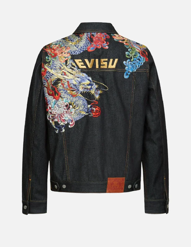 Ukiyo-e Dragon and Chrysanthemum Embroidered Denim Jacket