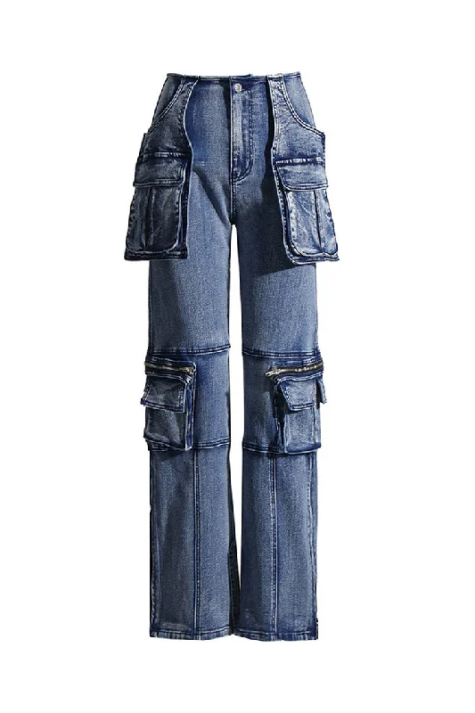 Unique Distressed Trim Cargo Pocket High Waist Full Length Straight Jeans