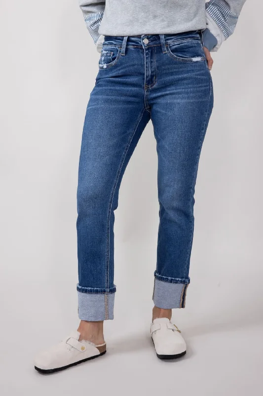 Vervet High Rise Cuffed Slim Straight Jeans for Women | T6590