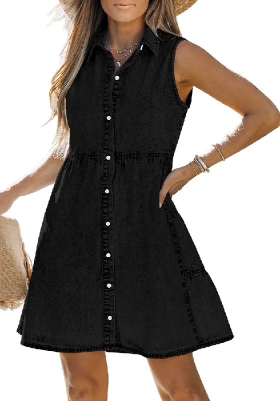 Vintage Black Denim Dress for Women Sleeveless Babydoll Button Down Short Jean Dresses Cute Summer