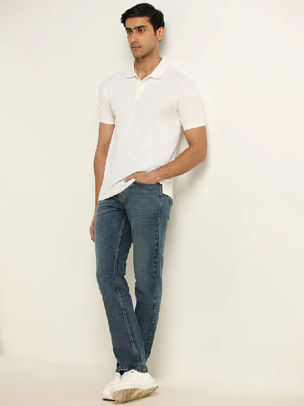 WES Casuals Blue Washed Relaxed-Fit Mid Rise Jeans