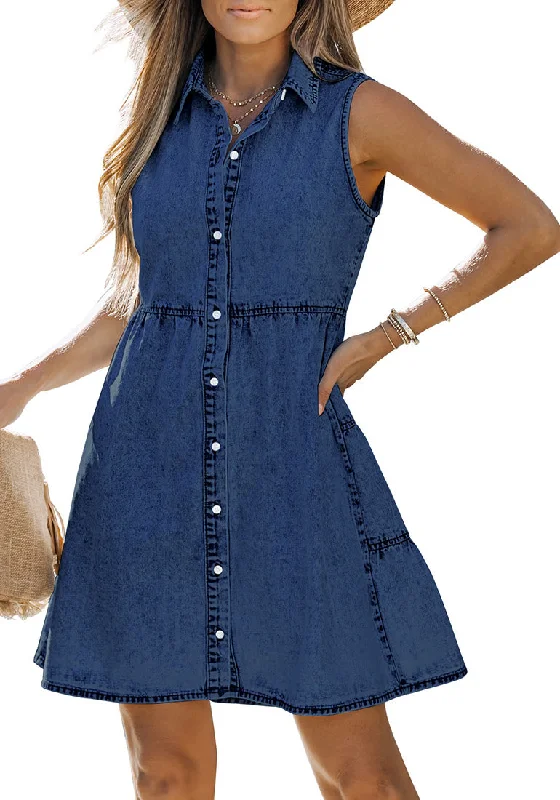 Wishful Blue Denim Dress for Women Sleeveless Babydoll Button Down Short Jean Dresses Cute Summer