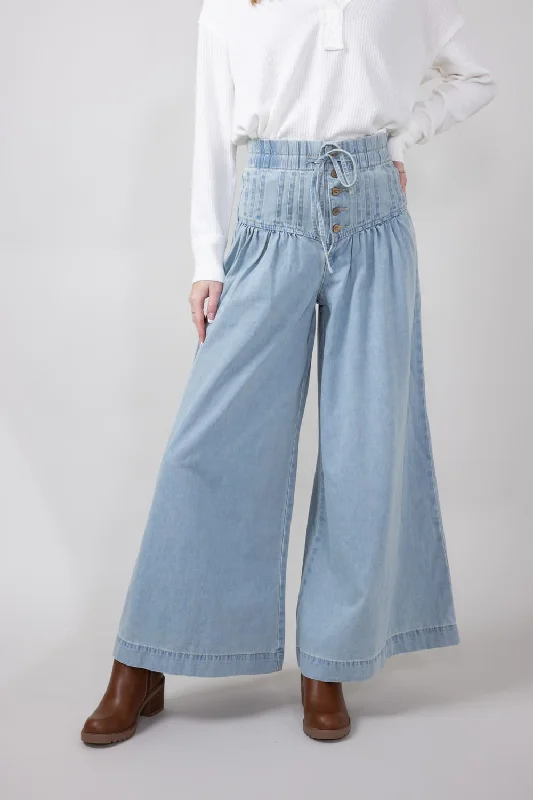 Yoke Pintuck Wide Leg Denim Pants for Women | MAP2991-DENIM