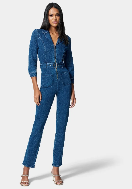 Zip Front Belted Skinny Leg Denim Jumpsuit