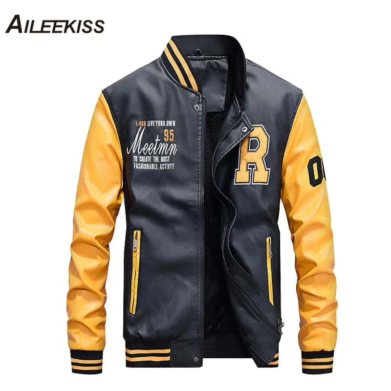 2019 New Fashion Men Leather Jacket Hit Color Boy Street wear Baseball Jackets Man Thick Coat Casual Jaqueta Masculina XT691