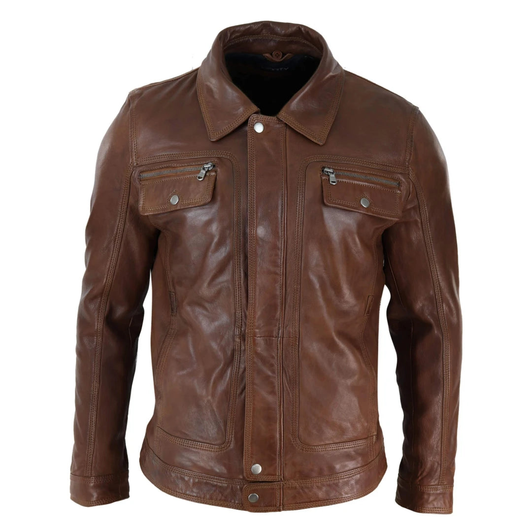 Men's Black brown Leather Jacket Sheepskin Collar Short Zip Button