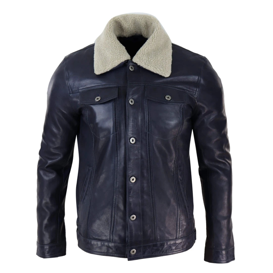 Men's Leather Jeans Jacket Fur Collar Classic Navy Blue