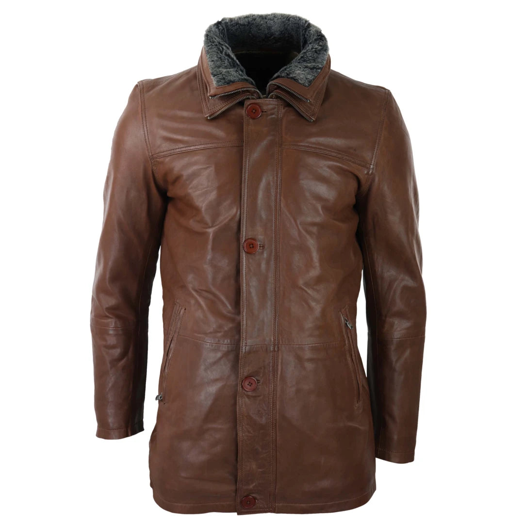 Men's 3/4 Long Leather Safari Jacket Classic Car Coat Zip Button Cover