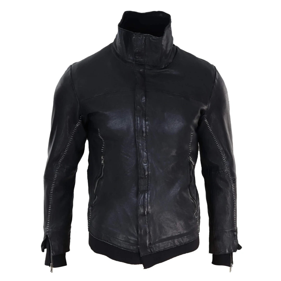 Men's Black Bomber Jacket Leather Distressed Stitch