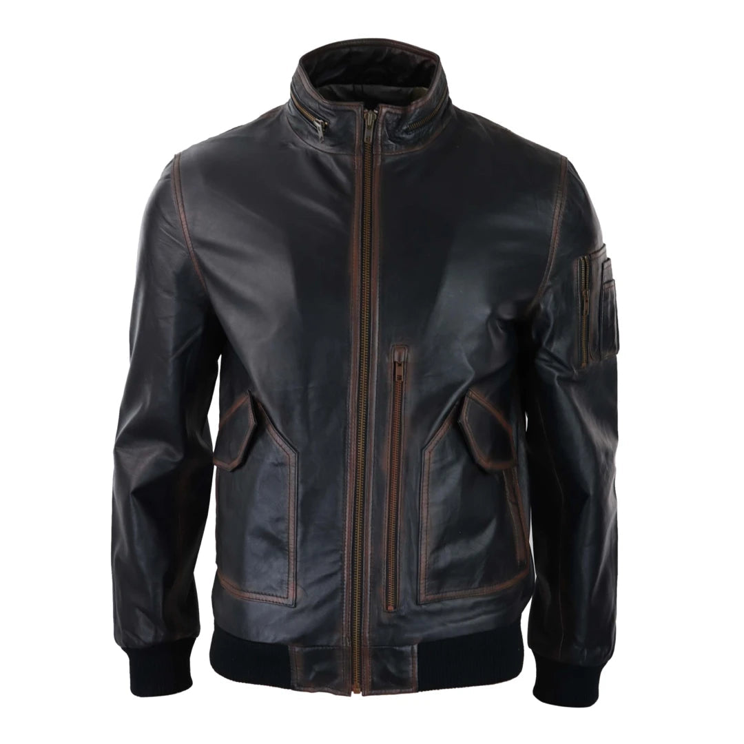 Men's Leather Bomber Jacket Black Brown High Collar Zipped