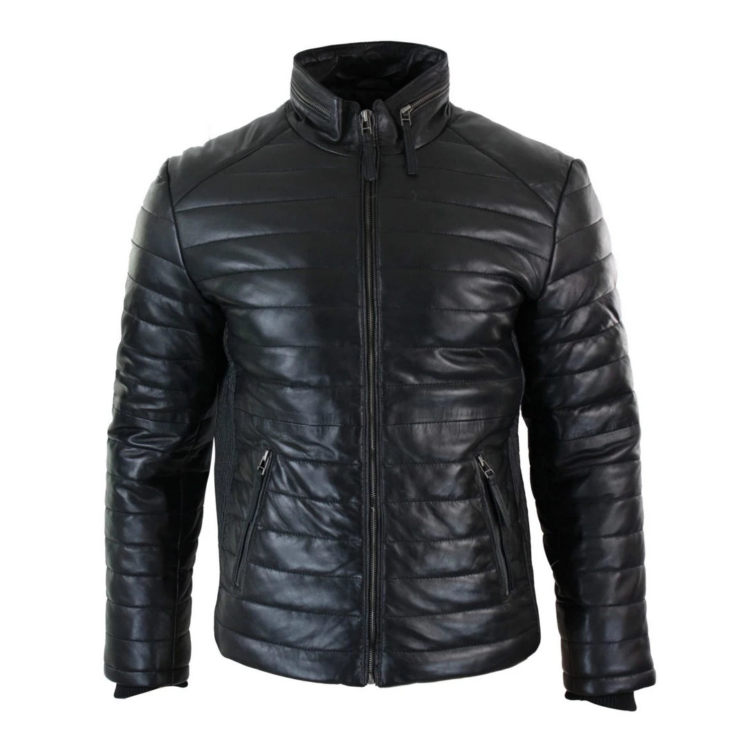 Men's Leather Quilted Puffer Zipped Jacket Brown Black