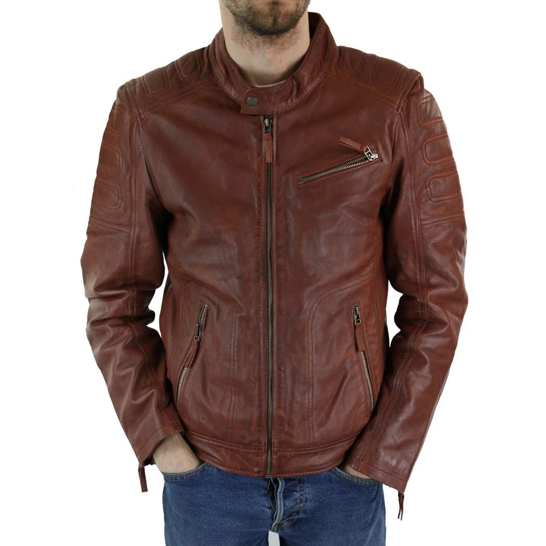 Men's Tan Brown Short Biker Leather Jacket