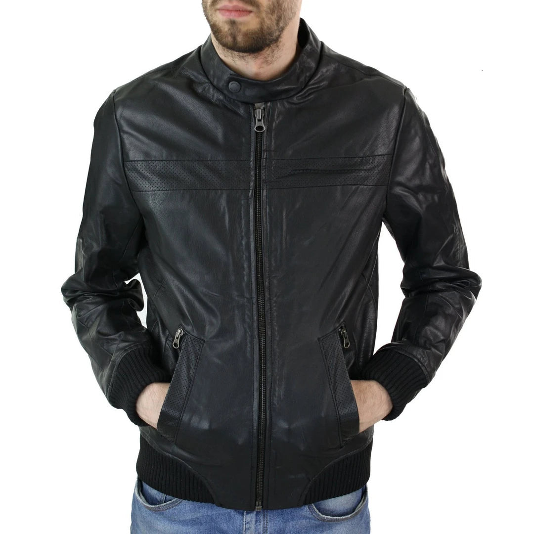 Men's Black Leather Bomber Jacket Collarless