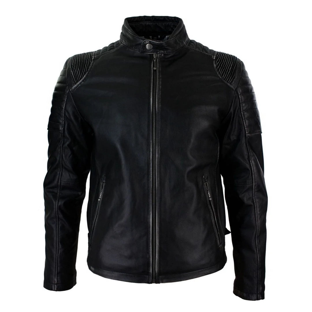 Men's Black Ruboff Washed Effect Leather Jacket Fitted Biker