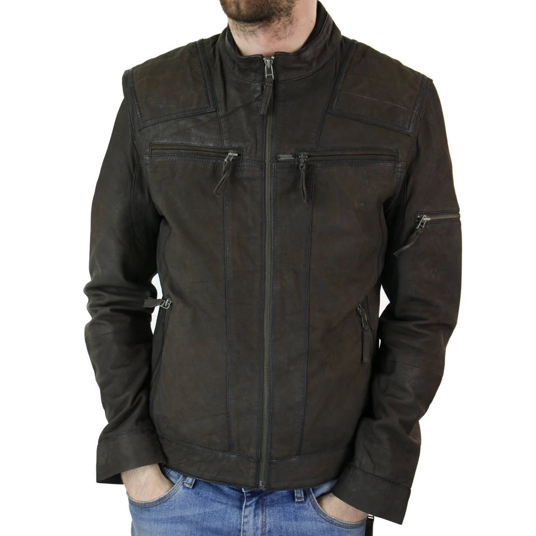 Men's Biker Motorcycle Distressed Brown Zip Short Leather Jacket Suede