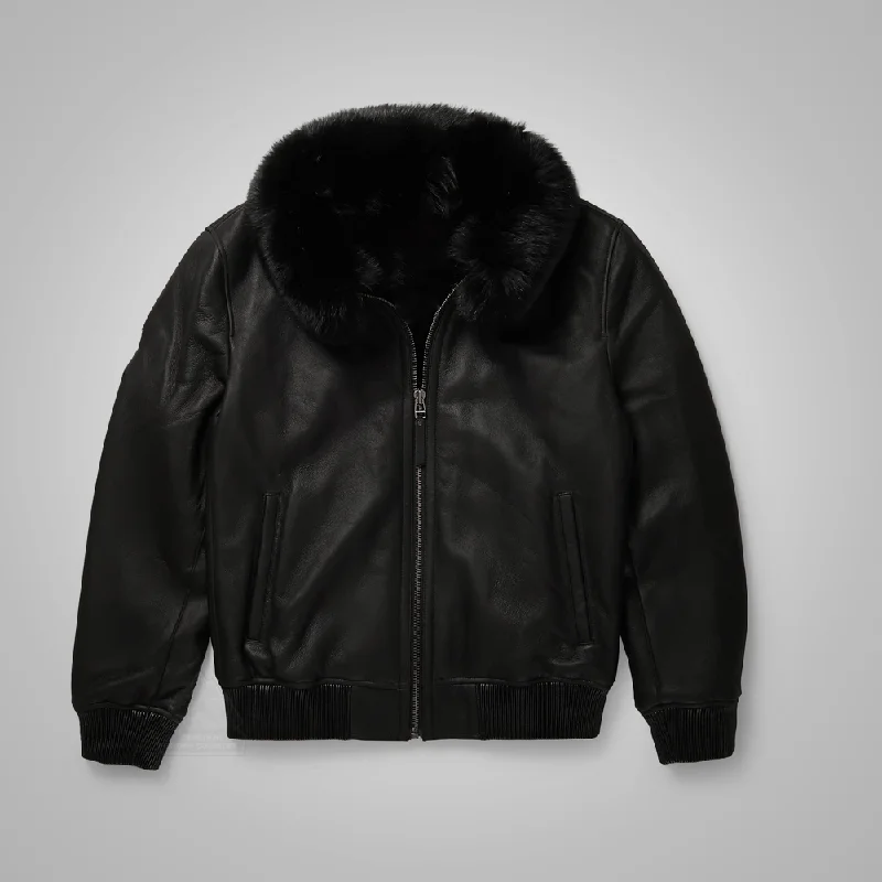 B3 Black Real Shearling Sheepskin Leather Bomber Flying Leather Jacket