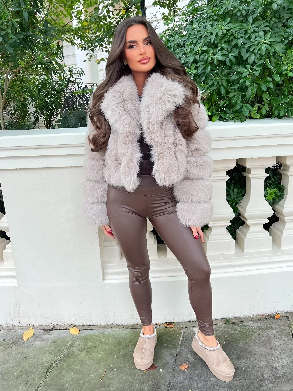 Beige Premium Faux Fur Collared Jacket