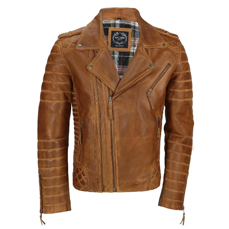 BIKER TAN LEATHER JACKET WITH TWO ZIPS