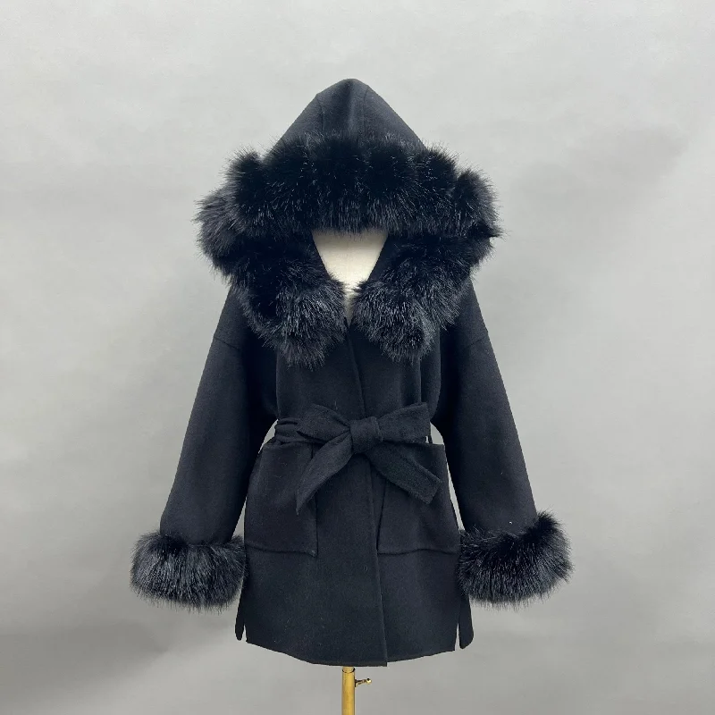 Black/Black Cashmere Coat With Faux Fur Trim