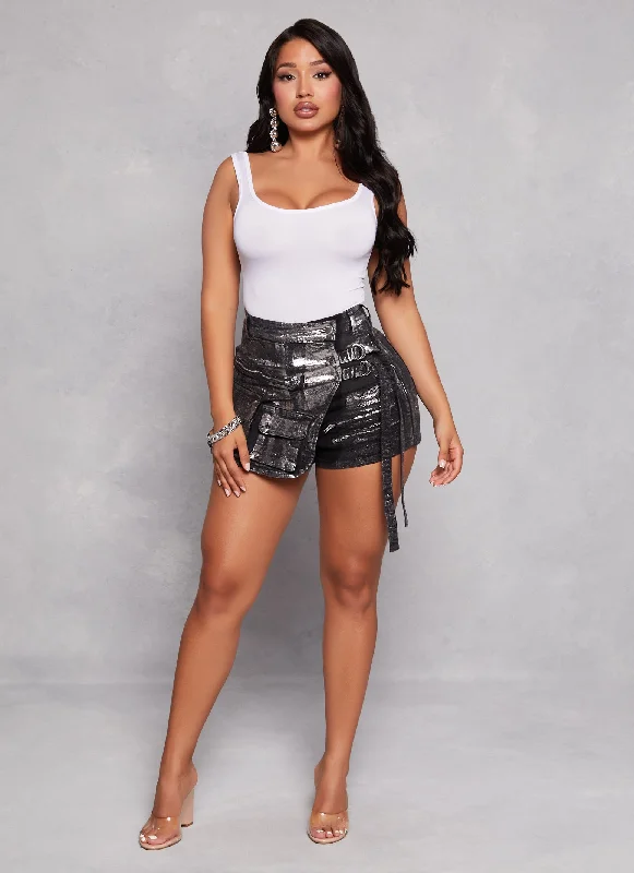 Daisy Foil Screen Denim Cargo Asymmetrical Skort