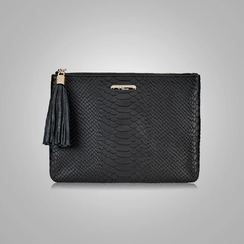 Black Embossed Python Genuine Leather  Leather Clutches Fur Women