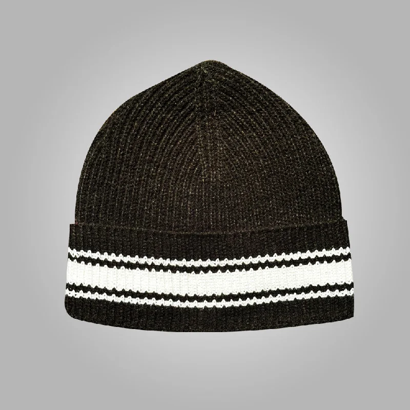 Black unisex Beanie Cap with White Stripes