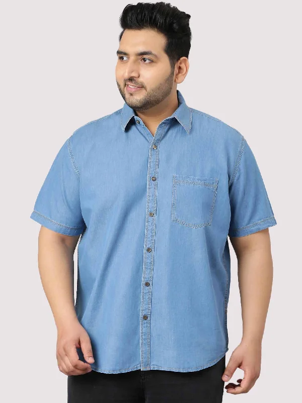 Blue Denim Single Pocket Half Sleeve Shirt Men's Plus Size