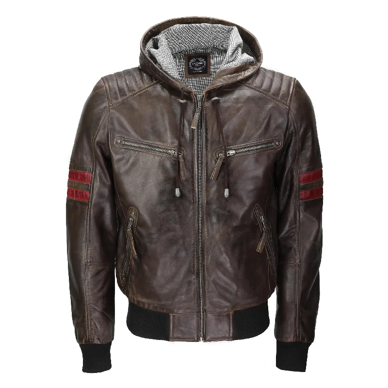 BOMBER BIKER SLIM FIT BROWN LEATHER JACKET WITH HOOD