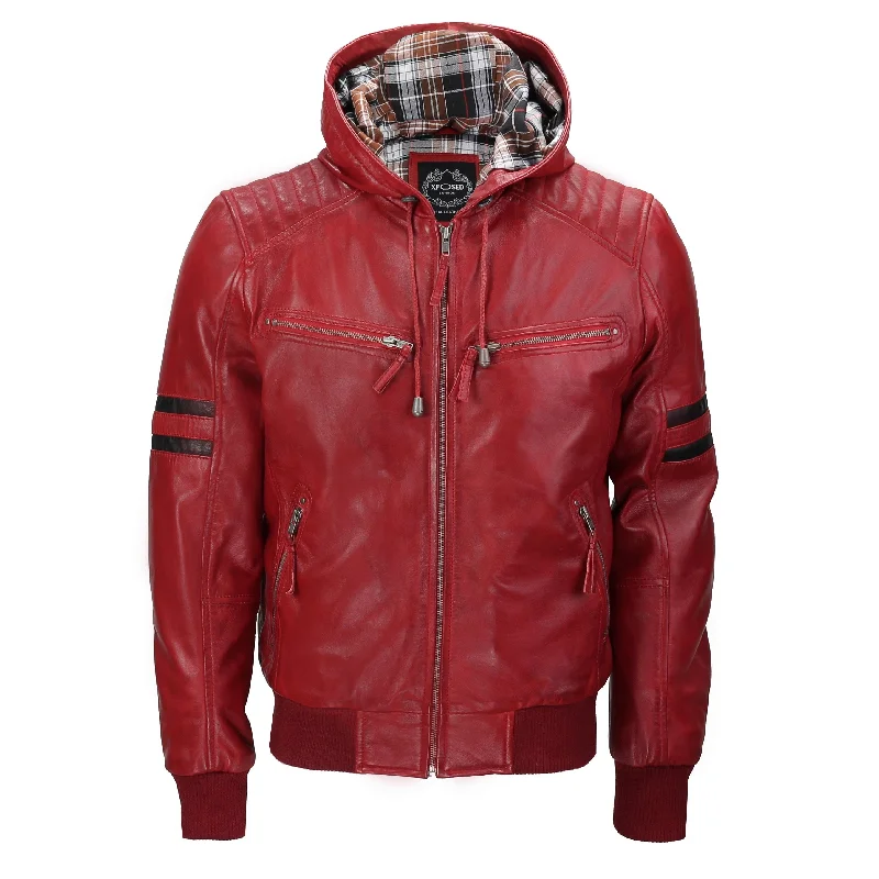 BOMBER BIKER SLIM FIT RED LEATHER JACKET WITH HOOD