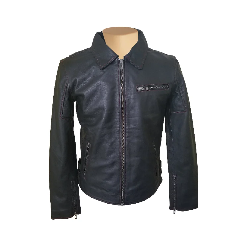 Bonnie's black leather jacket with red stitching