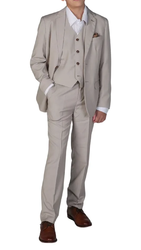 Boys 3 Piece Beige Suit Classic Birdseye Wedding