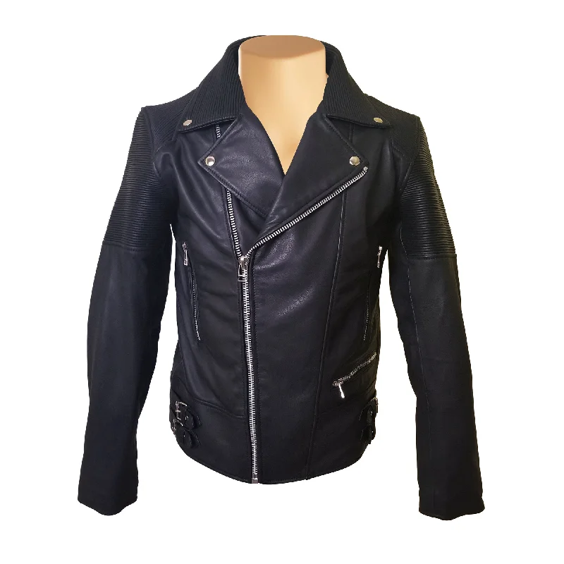 Brett's biker style leather jacket with stretchy leather