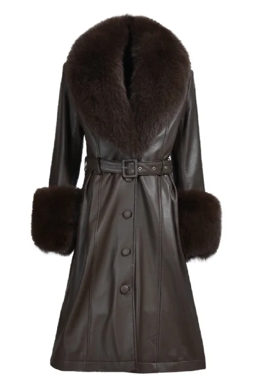 ADARA Brown Leather Trench Coat with Fox Fur