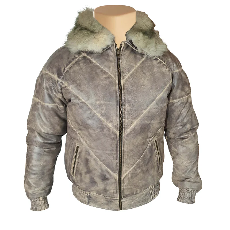 Casper's V-Bomber style Puffer Winter Leather Jacket with White Fox fur collar