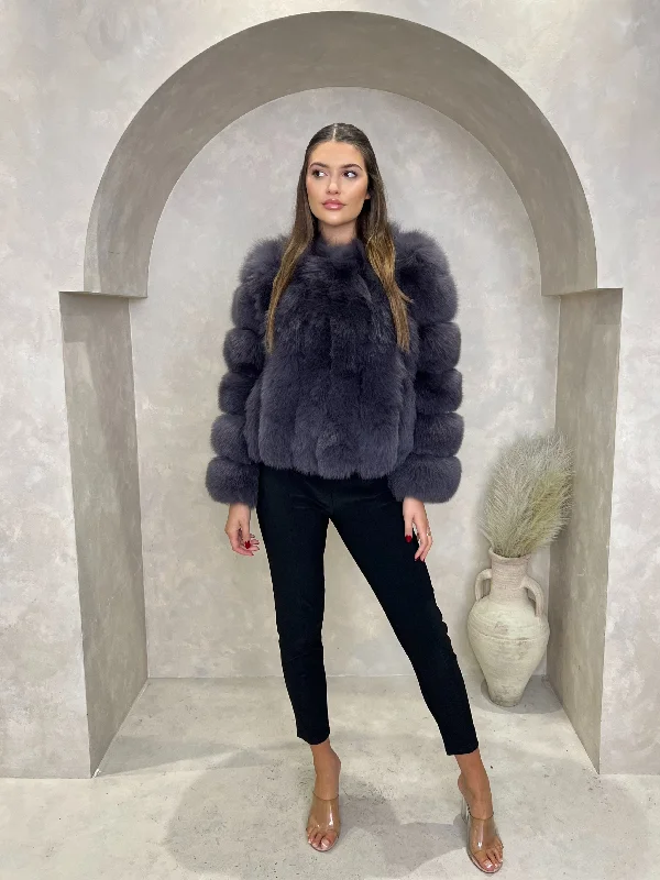 women's-wool-blend-coats-Charcoal Luxury Fur Vertical Pelt Coat