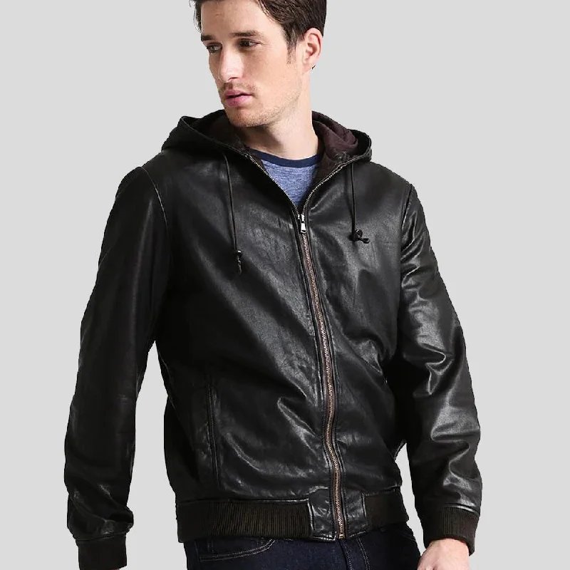 Chet Black Hooded Genuine Leather Jacket