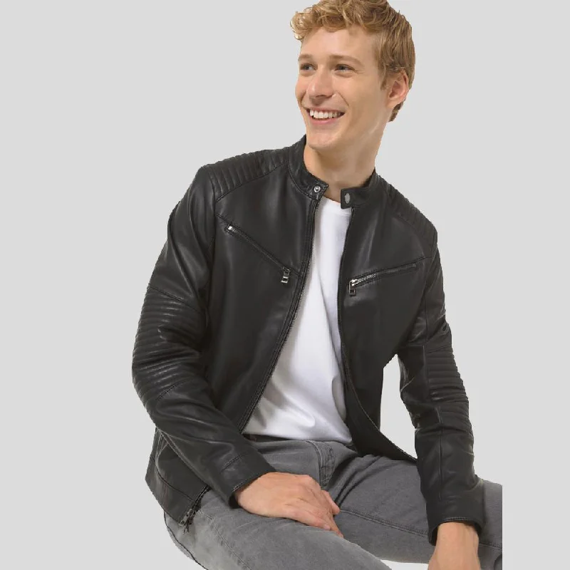 Claiborn Black Cafe Racer Leather Jacket