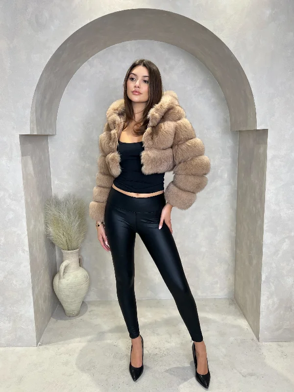 women's-coats-with-hood-Tan Luxury Fur Hooded Jacket