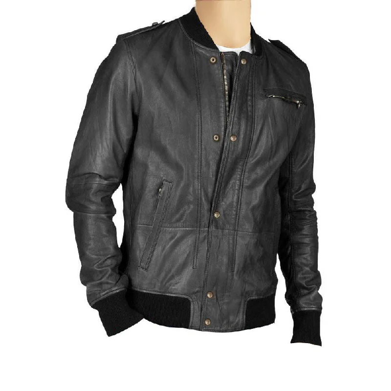 Black bomber leather jacket with button closure