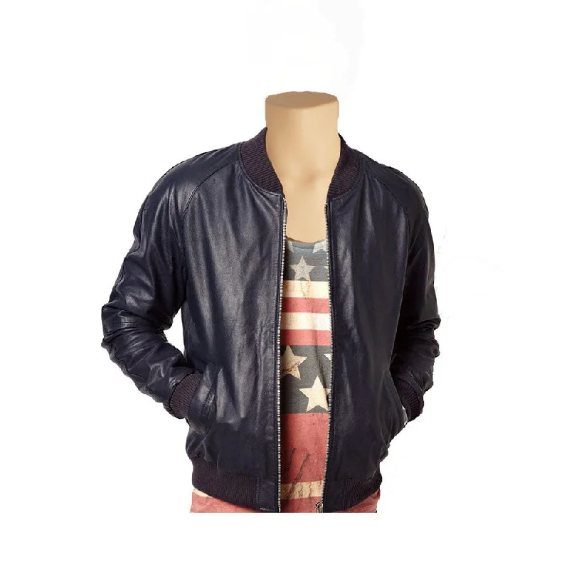 Navy blue bomber style leather jacket