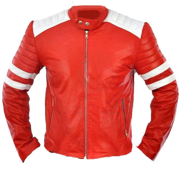 Red moto style jacket with white patches