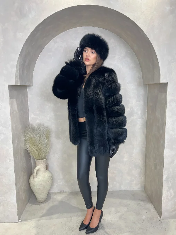 women's-military-style-coats-Black Luxury Fur Mid Length Coat