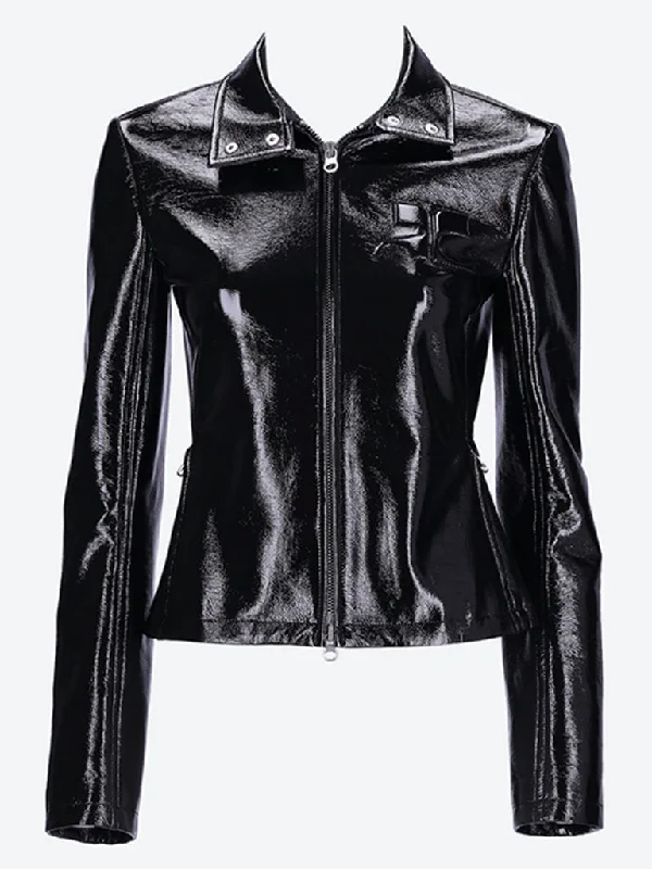 black-women's-coats-Iconic zipped vinyl biker jacket