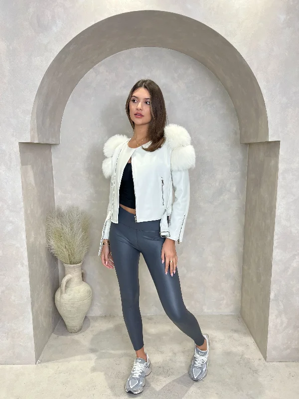 classic-coat-styles-for-women-Cream Collarless Luxury Fur Biker Jacket