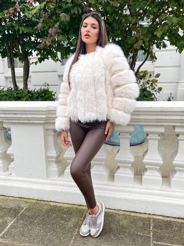 plus-size-long-women's-coats-Cream Vertical Design Faux Fur Coat