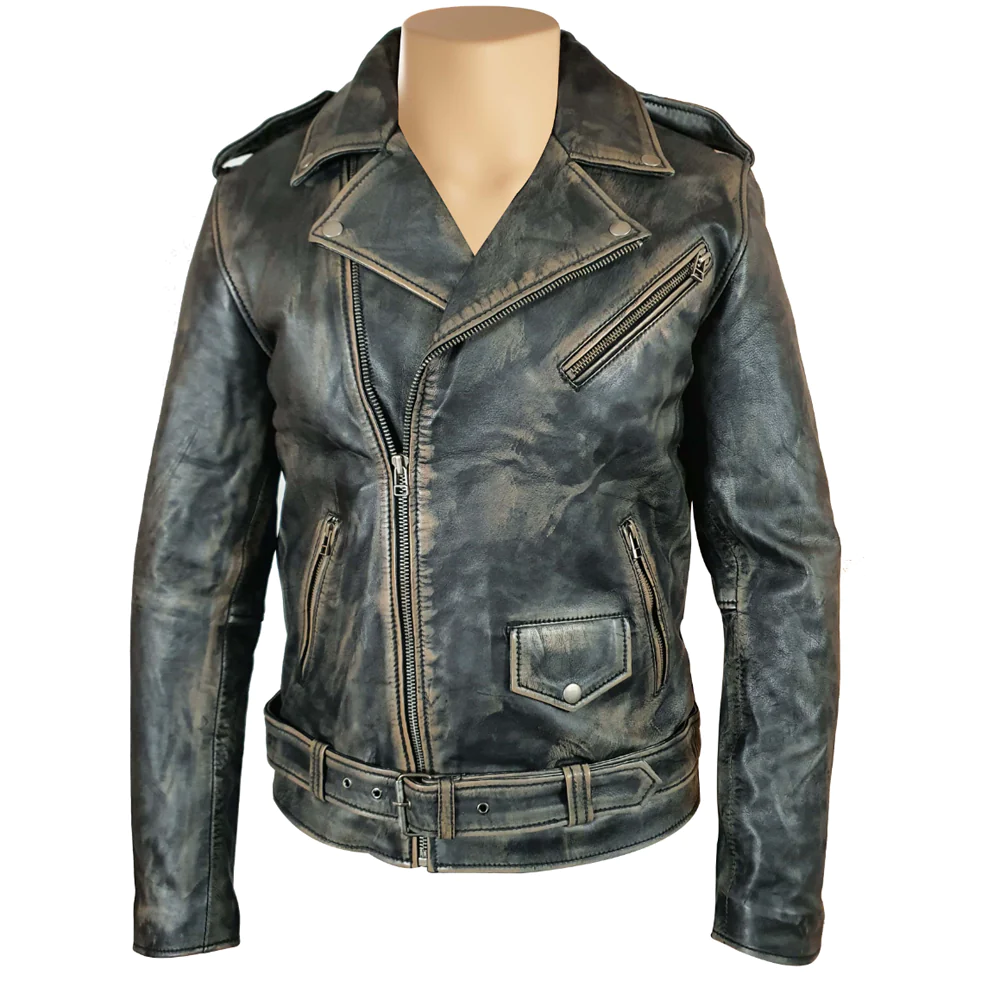 Distressed Biker style jacket with belt