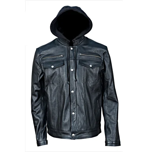 Easton Black trucker motorcycle leather jacket with hood